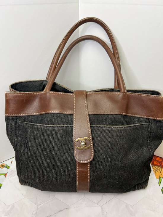CHANEL Handbags - CHANEL Black Denim Tote with Brown Leather Trim and Gold CC Turnlock Accent